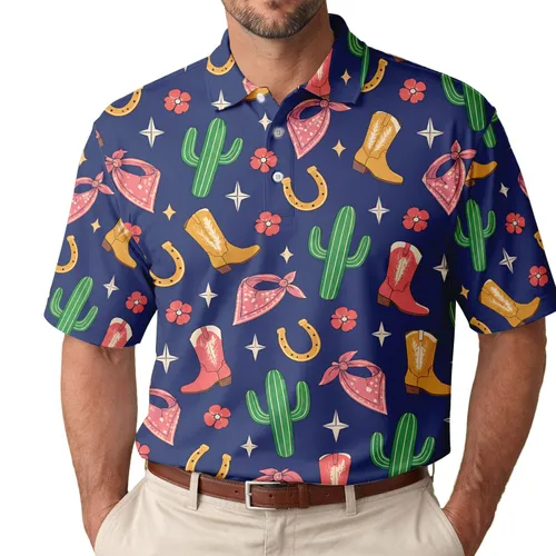 Blue Cactus Cowboy Boots And Horseshoes For Western Country Summer Style For Her Men's Polo Shirt