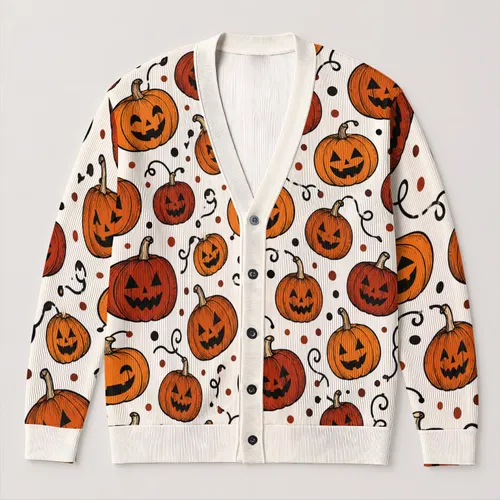 Pumpkin Halloween Motifs for Autumn Layering and Festive Everyday Women's Outfits All-over Print Knitted Cardigan