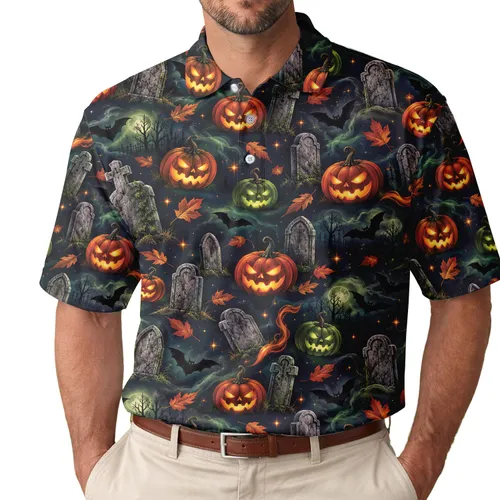 Halloween Jack-O'-Lanterns and Haunted Graveyard for Spooky Autumn Golf Celebrations Men's Polo Shirt