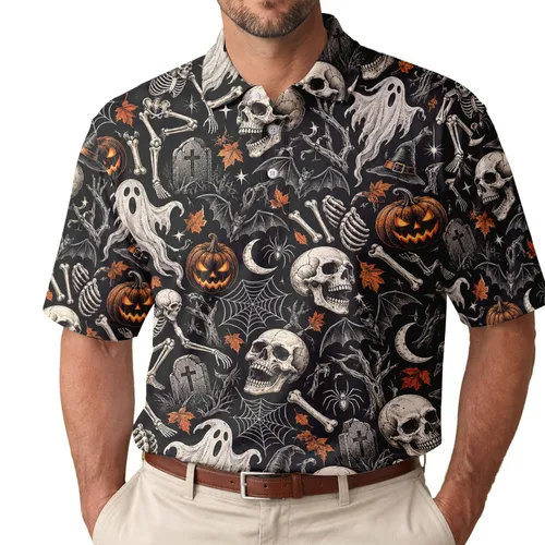 Halloween Skull Ghost Pumpkin Motif for Spooky Party Style and Costume Events for Men Men's Polo Shirt