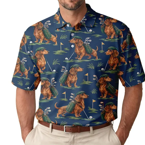 Dachshund Golfer Scene for Weekend Golf Days and Country Club Dog Dad Gift Giving Men's Polo Shirt