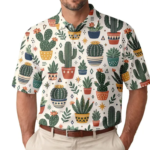 Colorful Cactus Succulents for Desert Garden Style and Summer Golf Days for Plant Lovers Men's Polo Shirt