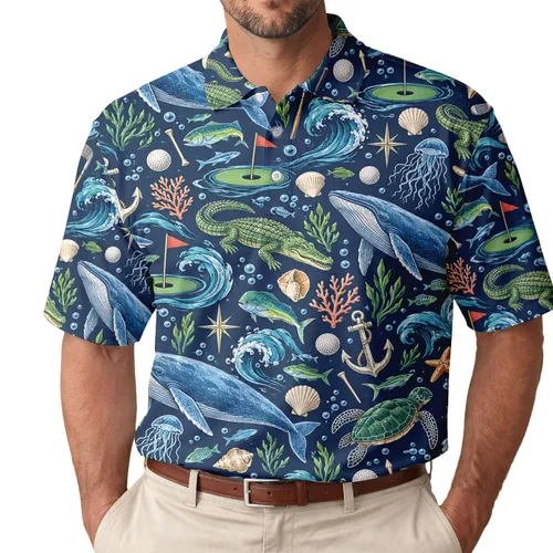 Nautical Golf Marine Life Scene For Coastal Vacations And Summer Fairways For Men Men's Polo Shirt