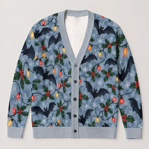 Gothic Bats, Holly And Festive Lights For Cozy Winter Holiday Layering Style For Women All-over Print Knitted Cardigan
