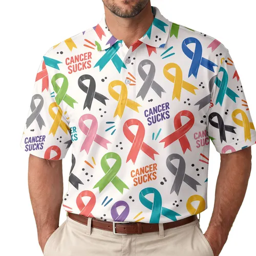 Multicolor Cancer Awareness Ribbons For Survivor Support, Golf Days, And Fundraisers Men's Polo Shirt
