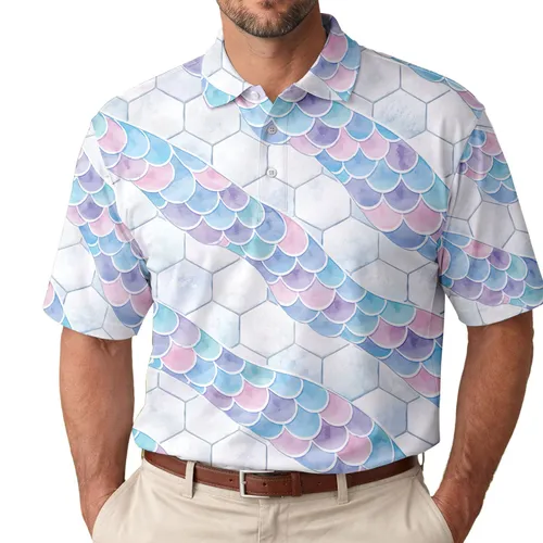 Pastel Mermaid Scale Honeycomb Motif for Coastal Golf Style and Resort Wear Lovers Men's Polo Shirt