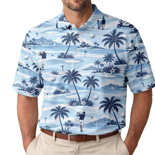 Palm Trees, Golf Carts and Fairway Scenes for Tropical Summer Golfers and Players Men's Polo Shirt
