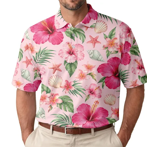 Pink Hibiscus Shells And Starfish For Tropical Golf Days And Resort Weekends Outdoors Men's Polo Shirt
