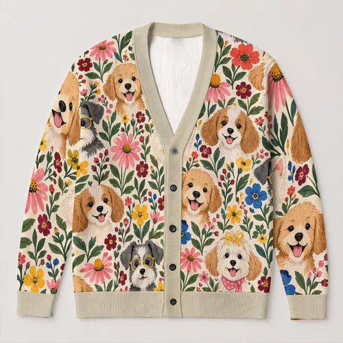 Cute Puppy Floral Style for Everyday Outings and Photoshoots, Women’s Casual Layering All-over Print Knitted Cardigan