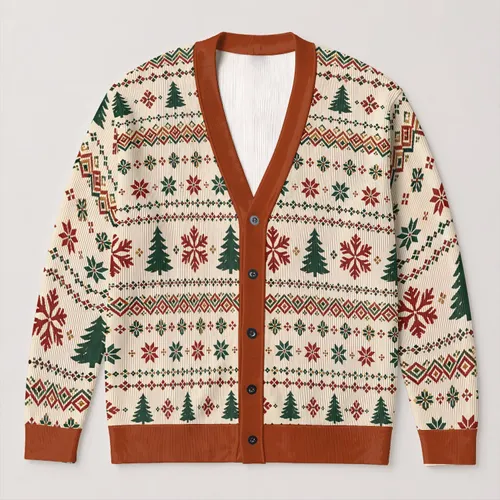 Nordic Snowflake And Pine Tree Motifs For Cozy Holiday Layering And Winter Weekends All-over Print Knitted Cardigan