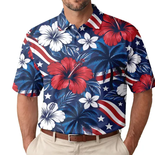 Patriotic Hibiscus And Palm Motifs For Tropical Golf Days And Summer Getaways Outdoors Men's Polo Shirt