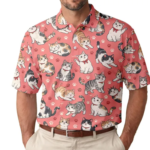 Coral Cat Motifs for Golf Days and Playful Weekend Outings, Animal Lovers and Cat Fans Men's Polo Shirt