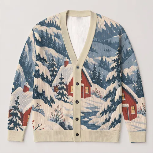 Snowy Cabin Christmas Scene With Pine Trees For Holiday Layering And Festive Gatherings All-over Print Knitted Cardigan