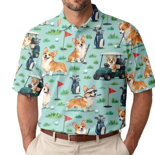 Corgi Golfing Scenes for Weekend Fairways and Pet Lover Gifts for Men Women Men's Polo Shirt