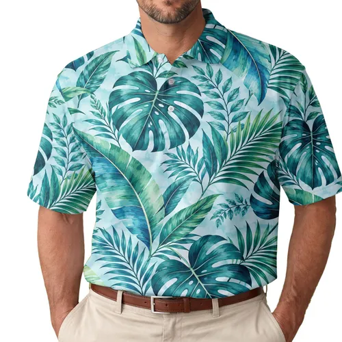 Aqua Tropical Monstera Palm Leaves for Summer Golf, Beach Days, and Resort Travel for Him Men's Polo Shirt