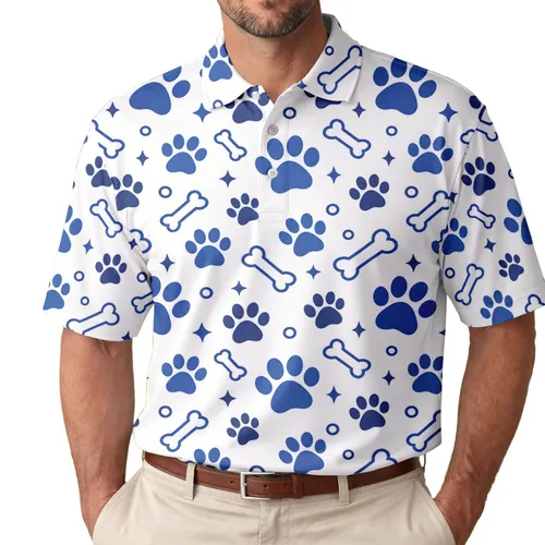 Blue Paw Prints and Dog Bones for Golf Days, Weekend Leisure, and Devoted Pet Lovers Men's Polo Shirt