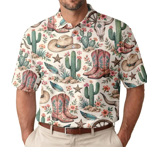 Pink Cowboy Boots, Cactus and Rodeo Motifs for Western Golf Days and Cowgirl Gifts Men's Polo Shirt