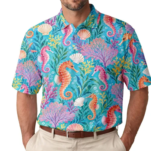 Seahorse Coral Reef Ocean Motif for Tropical Resort Golf Style Women Summer Vacation Men's Polo Shirt