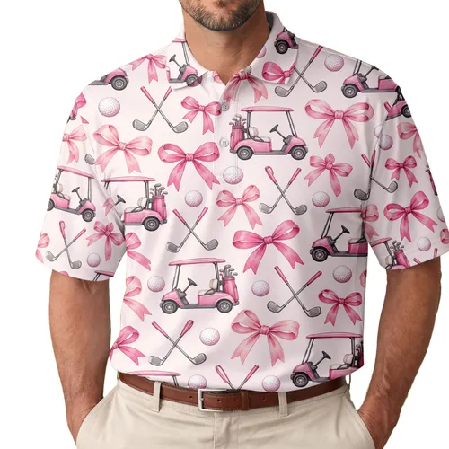 Pink Bow Golf Cart Motifs for Summer Country Club Style and Women’s Golf Outings Men's Polo Shirt