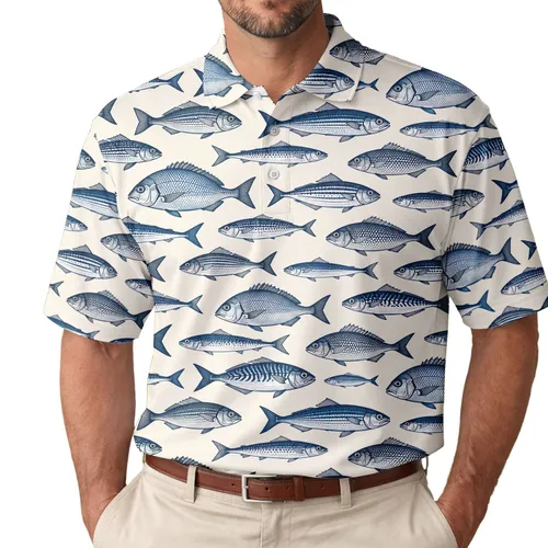 Navy Fish Motif for Coastal Golf and Resort Days, Women’s Nautical Summer Vacation Style Men's Polo Shirt