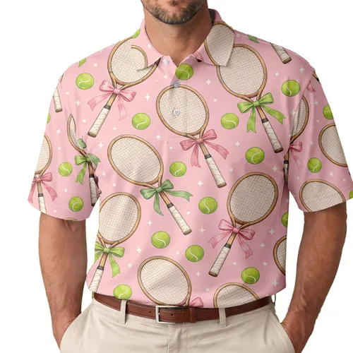 Pink Tennis Rackets With Bows For Country Club Leisure And Summer Court Style Women Men's Polo Shirt