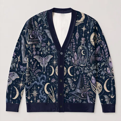 Mystic Moon Witch Motifs for Halloween Layering, Dark Academia Women's Outfit Style All-over Print Knitted Cardigan