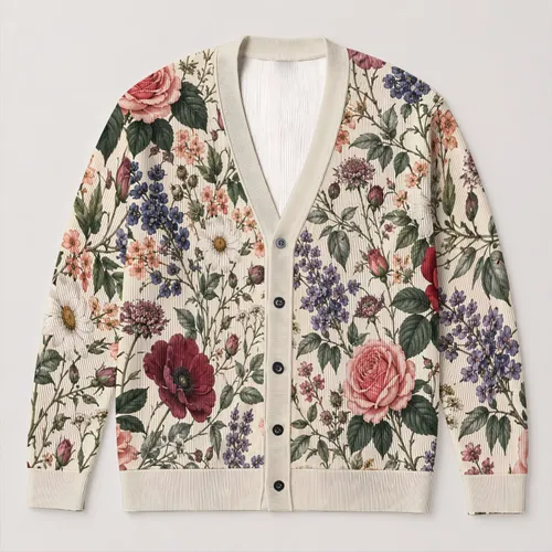 Botanical Wildflower Bouquet for Relaxed Autumn Layering and Everyday Garden Style All-over Print Knitted Cardigan