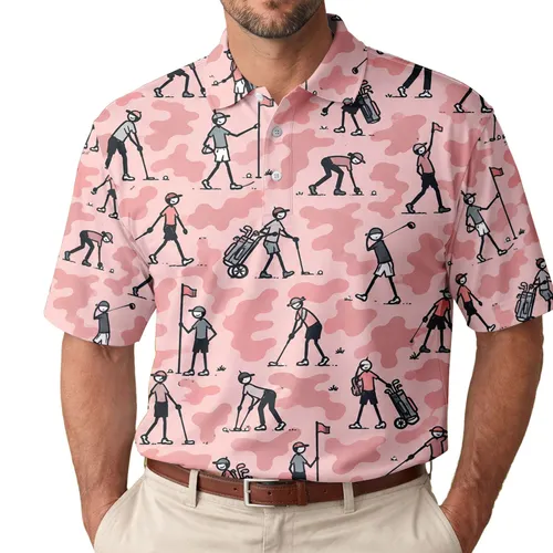 Pink Golf Stick Figure Camo For Women’s Summer Tournament And Country Club Style Men's Polo Shirt