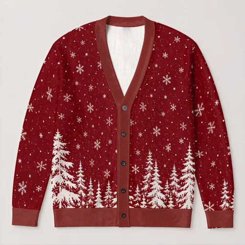 Burgundy Snowy Pine Forest Winter Holiday Style For Cozy Everyday Layering Wear All-over Print Knitted Cardigan