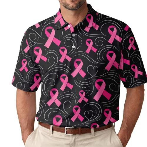 Pink Ribbon Cancer Awareness Golf Day Style for Breast Cancer Survivors and Supporters Men's Polo Shirt