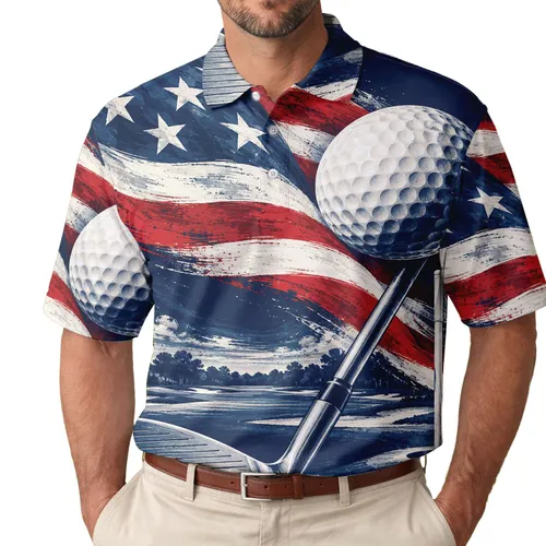 American Flag Golf Scene for Fourth of July Fairways and Patriotic Weekend Players Men's Polo Shirt