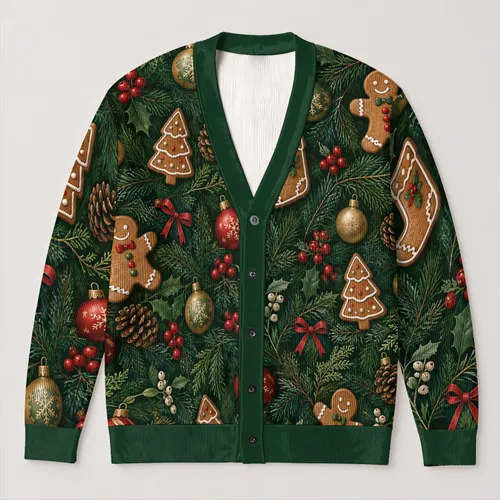 Gingerbread Friends And Evergreen Ornaments For Cozy Holiday Outings And Winter Layering All-over Print Knitted Cardigan
