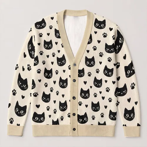 Black Cat Paw Heart Motifs for Cozy Everyday Layering and Casual Pet Lover Style All-over Print Knitted Cardigan