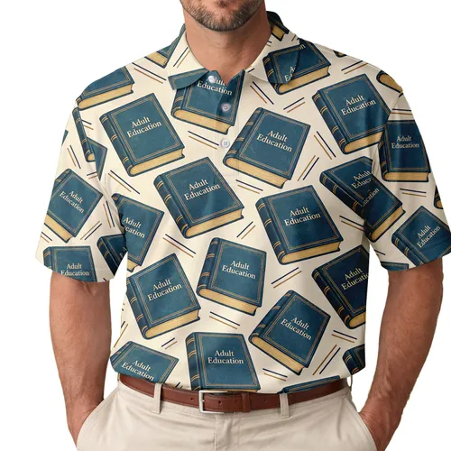 Adult Education Book Cover Motif for Teachers, Professors, and Lifelong Learning Fans Men's Polo Shirt