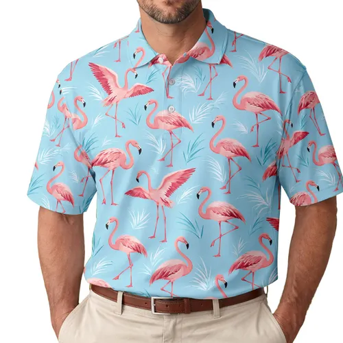 Colorful Flamingo Golf Theme for Resort Days and Summer Fairways for Men and Bird Lovers Men's Polo Shirt