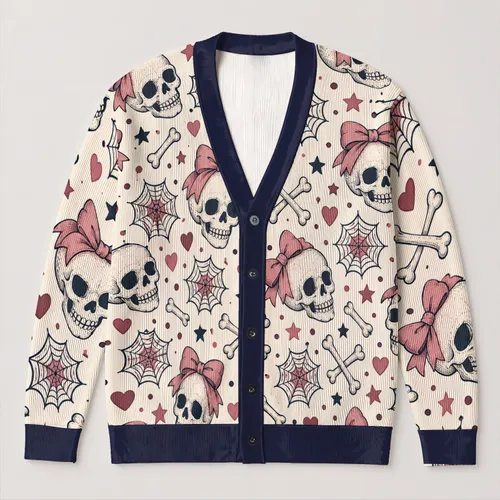 Pink Bow Skull Bones and Spiderwebs for Casual Everyday Layering and Commuting Women All-over Print Knitted Cardigan
