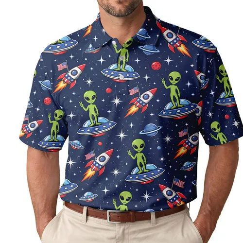 Patriotic Alien UFO Galaxy Theme for Golf Outings and Space Fans, Men and Women Everywhere Men's Polo Shirt