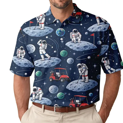 Funny Astronaut Golf Scene for Weekend Golfers, Space Lovers, and Men Women Gifts Men's Polo Shirt