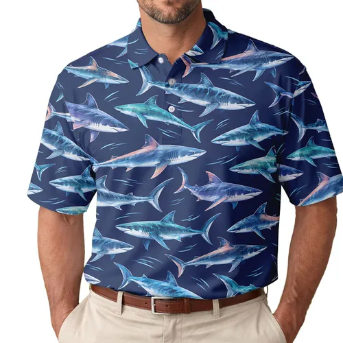 Colorful Shark Ocean Theme for Beach Vacations and Golf Days, Men and Women Travelers Men's Polo Shirt