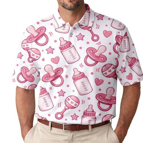 Pink Baby Pacifiers and Bottles for Baby Reveal Celebration Gifts for Expecting Parents Men's Polo Shirt