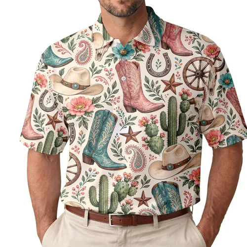 Western Cowgirl Boots And Cactus Motifs For Golf Days, Rodeos, And Desert Getaways Men's Polo Shirt