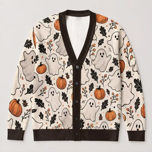 Cute Ghosts and Pumpkins for Cozy Halloween Layering, Spooky Autumn Style for Women All-over Print Knitted Cardigan