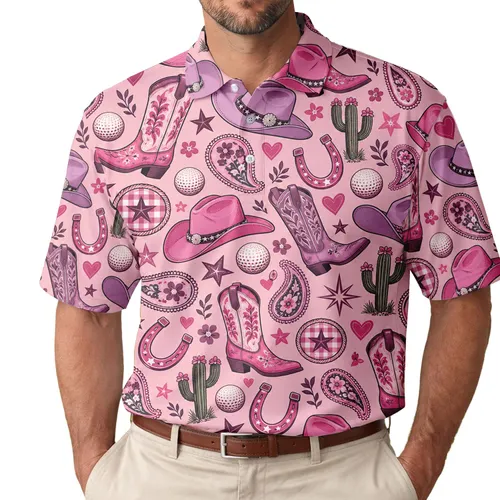 Pink Western Cowgirl Rodeo Icons for Golf Days, Country Outings, and Ranch Life Fans Men's Polo Shirt
