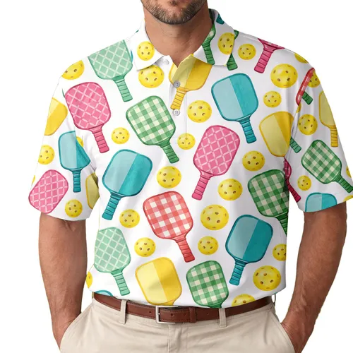 Colorful Pickleball Paddles And Balls For Sunny Summer Court Days And Active Women Men's Polo Shirt