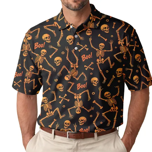 Dancing Skeletons and Boo Halloween Golf Style for Men Women at Spooky Events Season Men's Polo Shirt