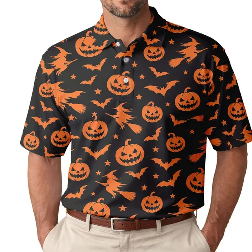 Halloween Pumpkin Bat And Witch Motifs For Spooky Autumn Golf Days And Festive Gatherings Men's Polo Shirt
