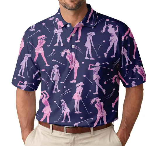 Pink Golfer Silhouettes For Summer Fairways And Country Club Days, Women’s Golf Style Men's Polo Shirt