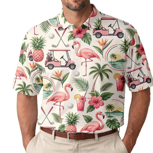 Pink Flamingo Pineapple Golf Motifs for Tropical Summer Fairway Resort Style Men Women Men's Polo Shirt