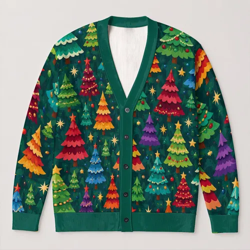 Colorful Christmas Trees and Festive Stars for Holiday Gatherings and Winter Layering All-over Print Knitted Cardigan