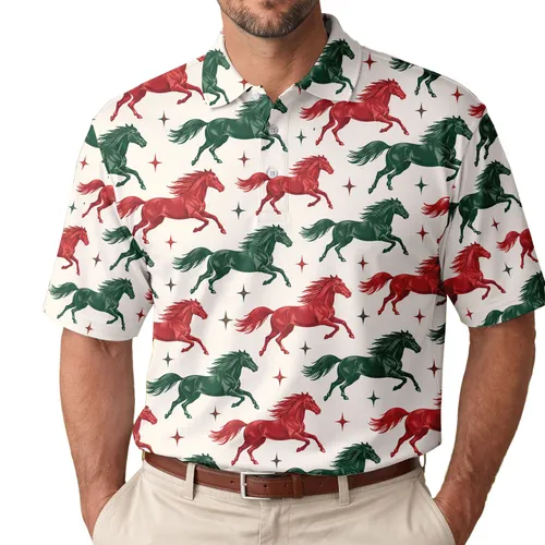 Red Green Galloping Horses for Summer Golf Days and Equestrian Style Women Riders Men's Polo Shirt